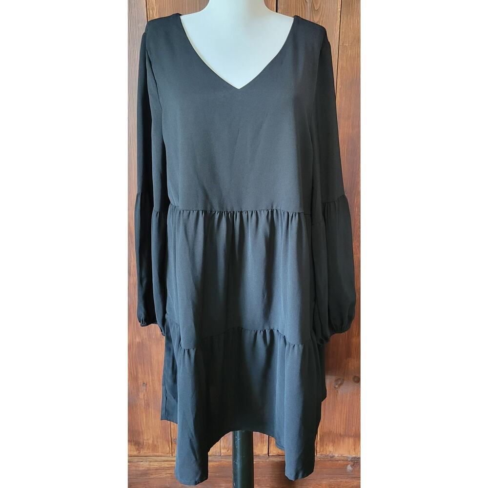 Roly Poly Women L Black Empire Waist‎ Dress Balloon Sleeve Tiered Hem RP10853